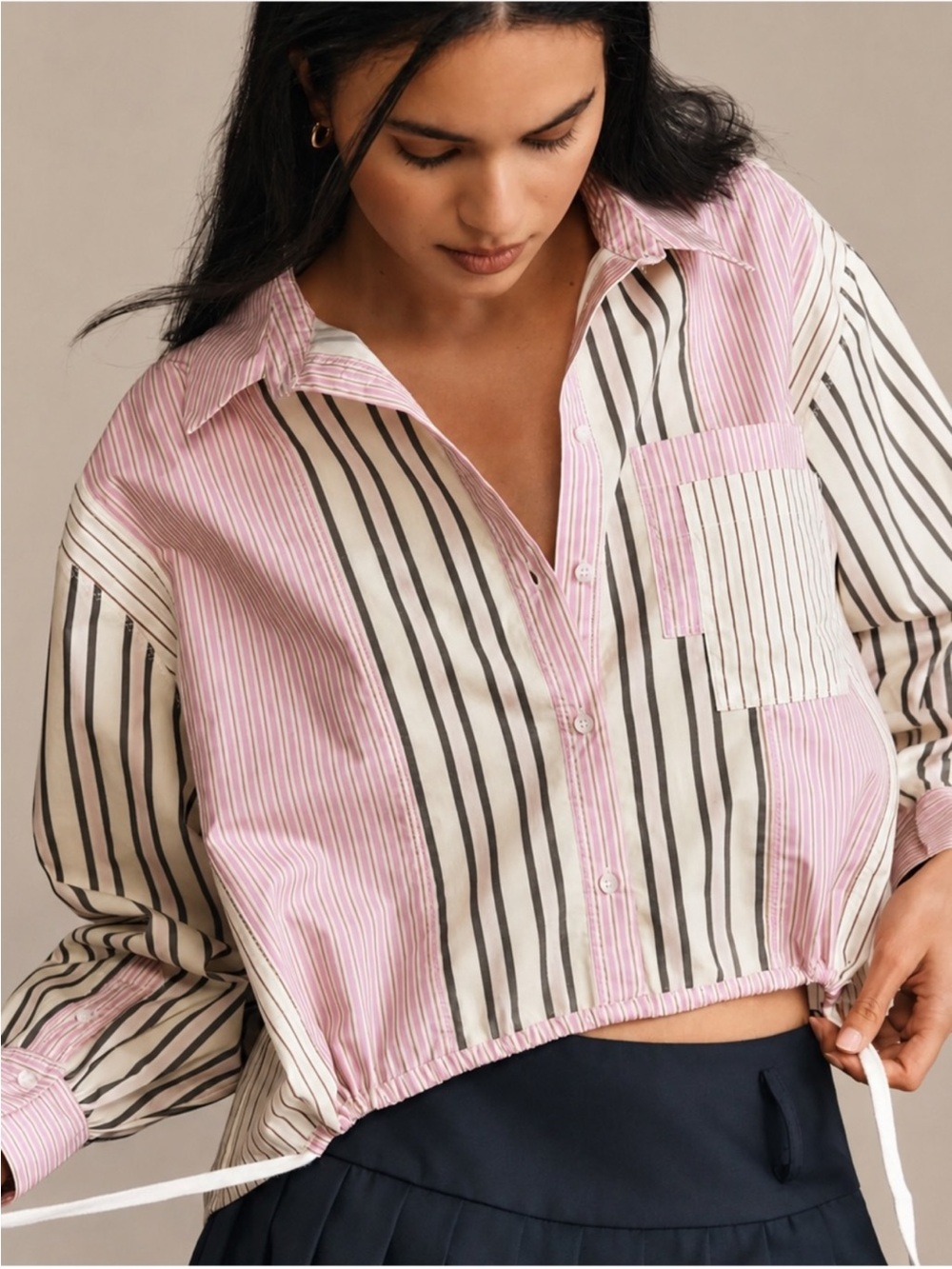 Anthropologie Pink and White Striped Button-Front Cropped Shirt